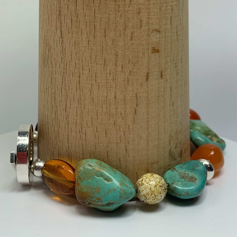 Vintage RAGE Sterling Silver, Turquoise & Carnelian Toggle Clasp Beaded Bracelet - Picture 4 of 15